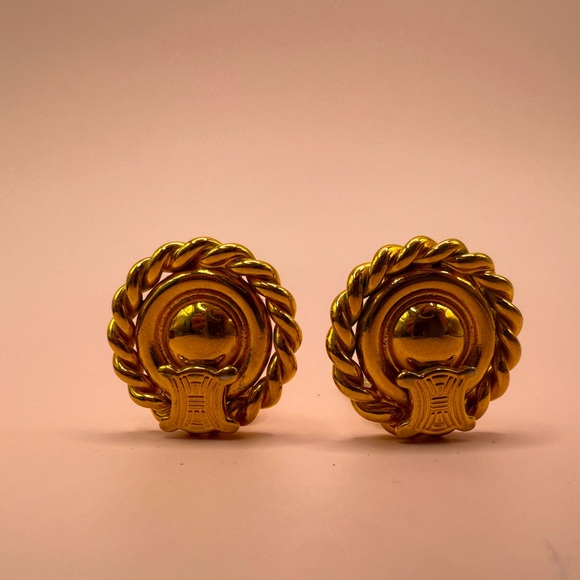 LOT 1697 24K gold plated Celine vintage triomphe clip on earrings - Picture 1 of 11
